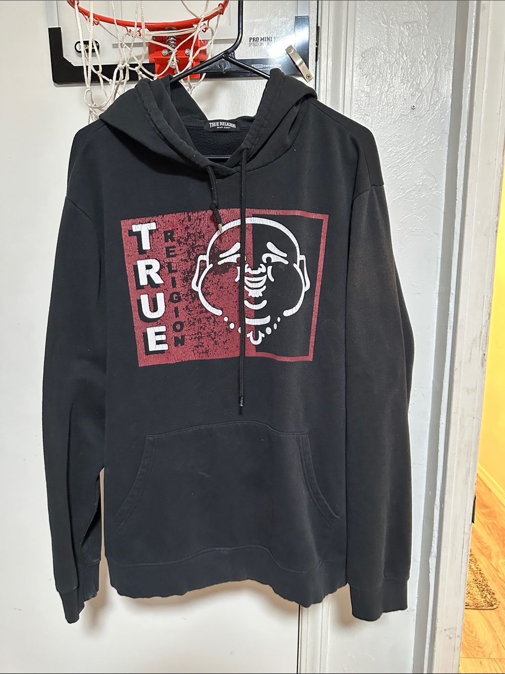 True Religion Black Hoodie with Red & White Graphic